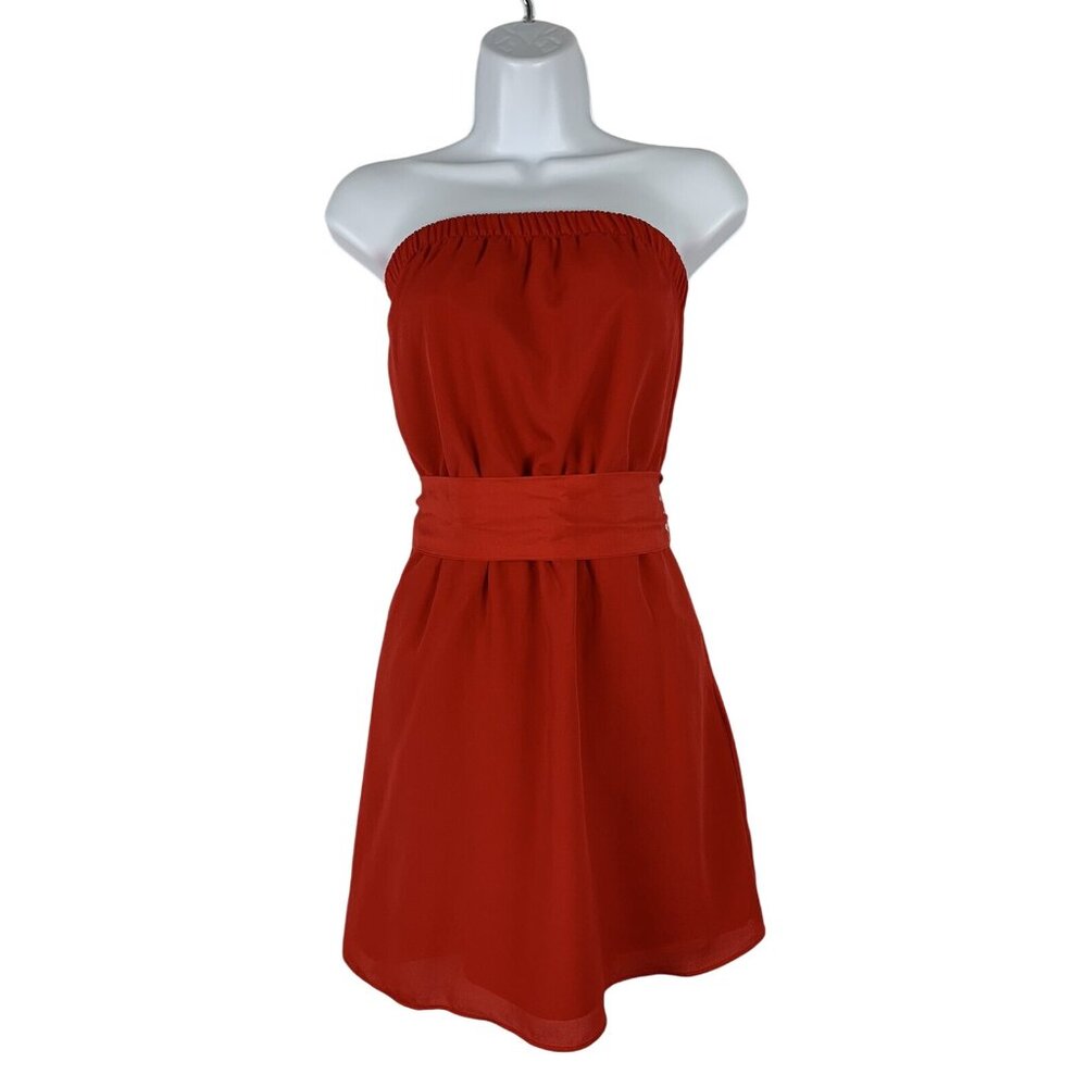 Express Junior Teens Strapless Red Mini Dress Belted Waist Side Pockets Size XS